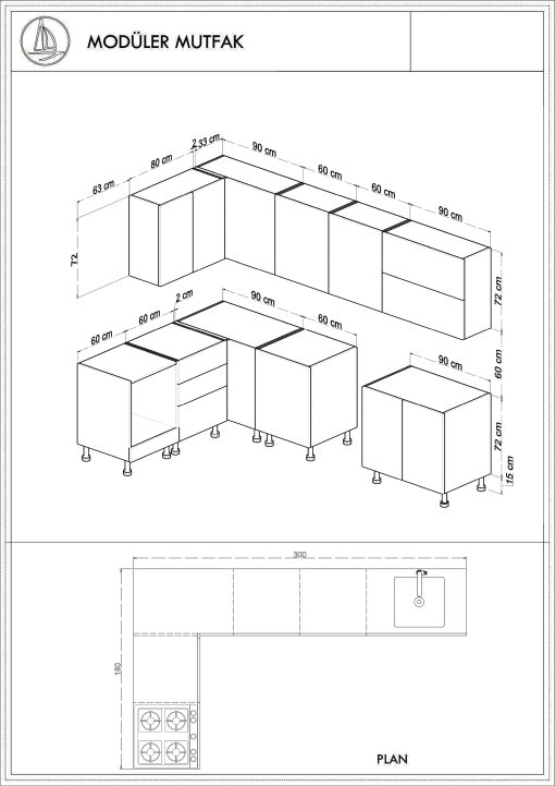 300cm x 180cm – Model044 – Kahve Köşeli Hazır Mutfak Dolabı